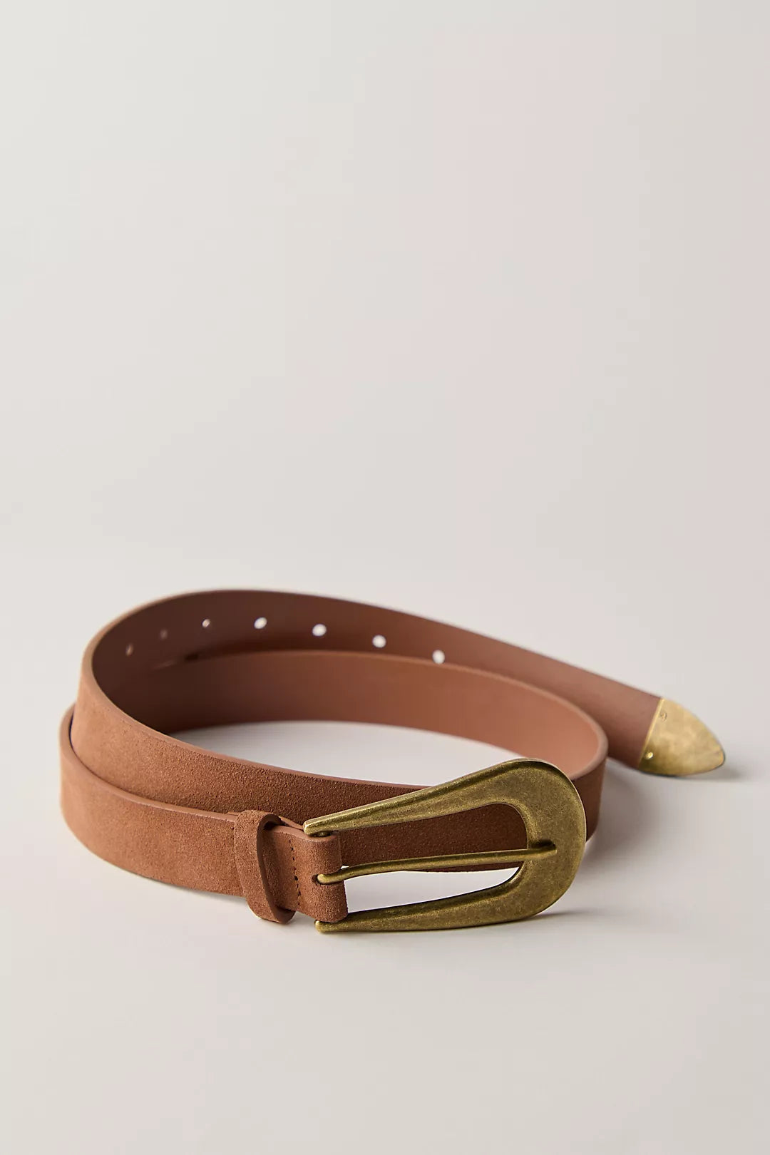 Trestles Clothing Company Cannon suede belt in brown with a vintage brass buckle and matching metal tip